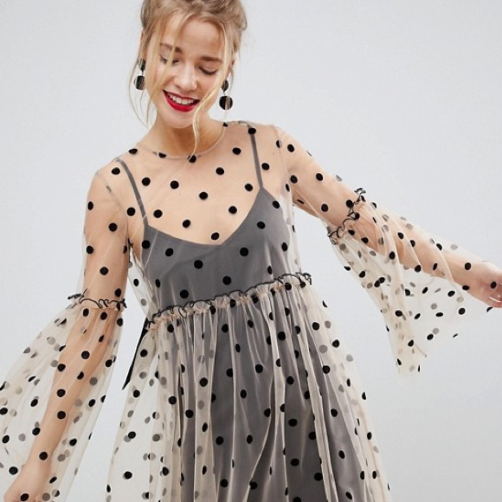ASOS Sheer Smock Mini Dress in Spot Mesh